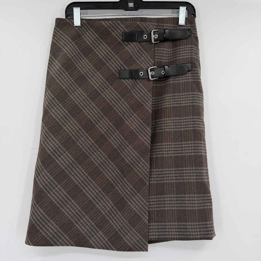 MNG Dark Brown Plaid Buckle Wrap Knee Length Skirt Fall Style Size 6